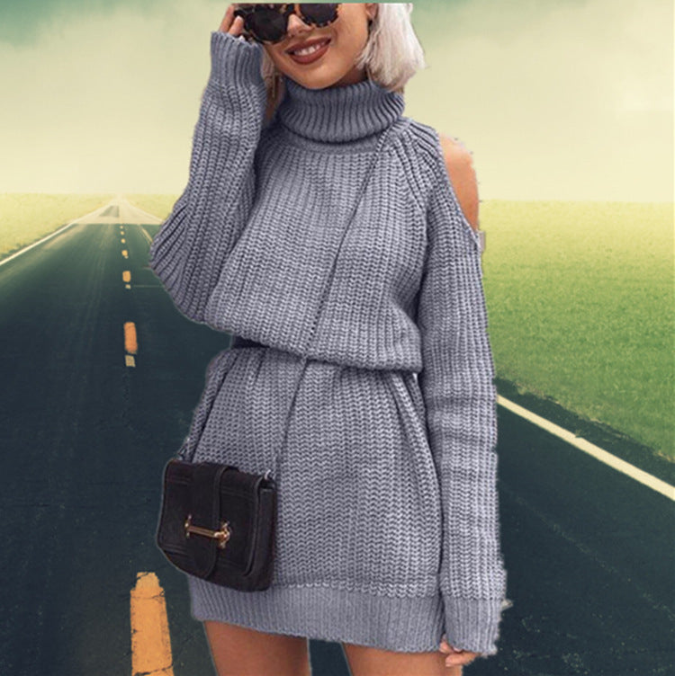 Damen Langarm-Strickkleid mit hohem Kragen und offenem Schulterdesign Heidi-Mode