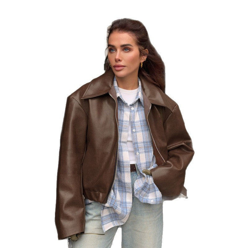 Damen Kunstlederjacke mit Oversized-Schnitt und klassischem Kragen Heidi-Mode