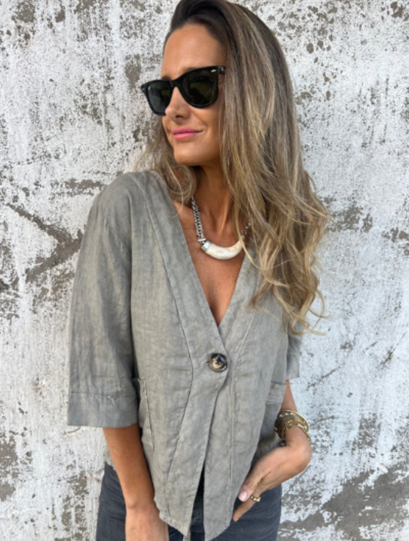 Damen Leichtes Leinenblazer mit kurzer Arm Heidi-Mode