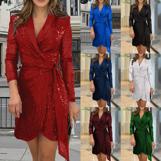 Damen Glamouröses Pailletten Minikleid mit Wickeldesign Heidi-Mode
