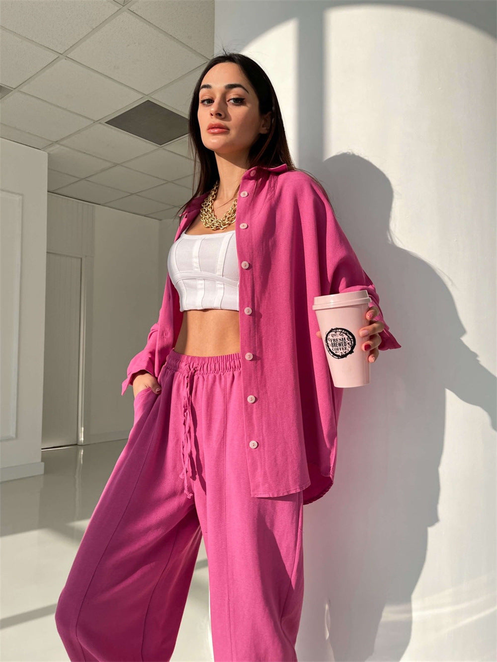 Damen lässiges Freizeit-Set mit übergroßem Hemd und weiten Hosen Heidi-Mode