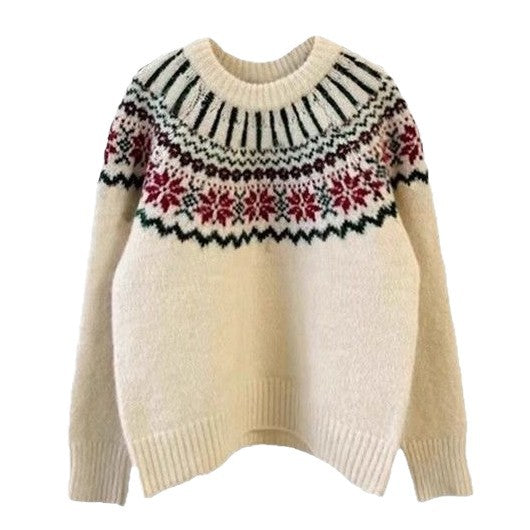 Damen Strickpullover mit festlichem Norweger-Motiv und weitem Schnitt Heidi-Mode