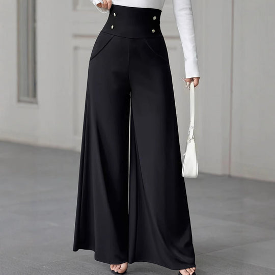 Damen Hochtaillierte Palazzo-Hose mit dekorativen Knöpfen Heidi-Mode