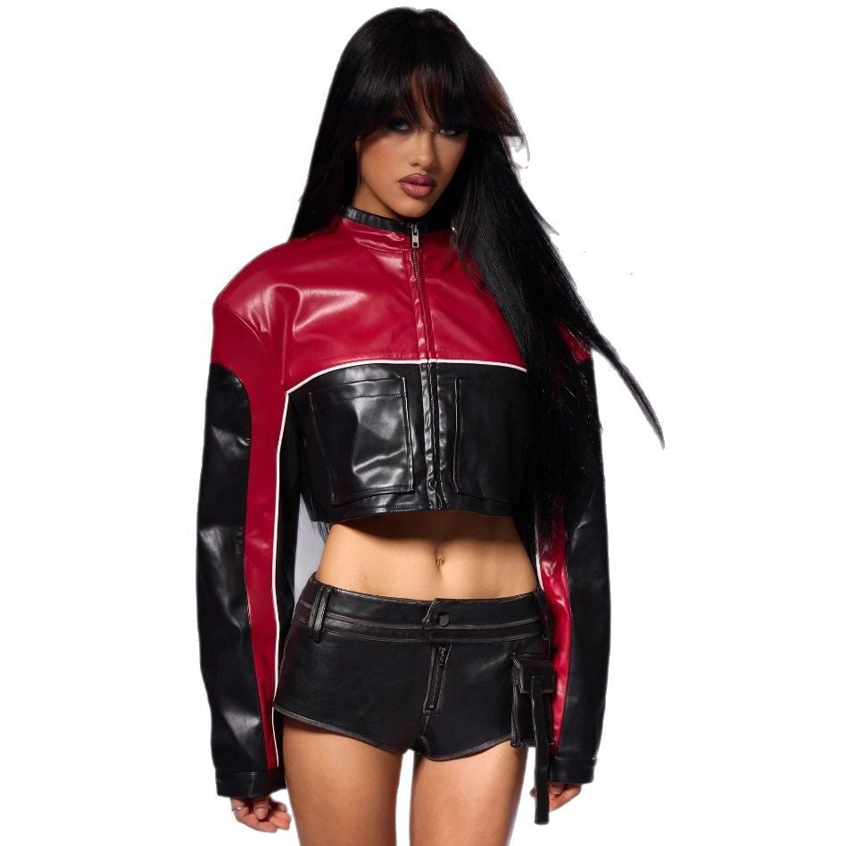 Damen cropped Bikerjacke mit kontrastierenden Ärmeln Heidi-Mode