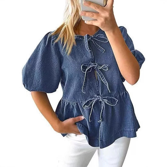 Damen Modische Jeansbluse mit dekorativen Schleifendetails und voluminösen Ärmeln Heidi-Mode