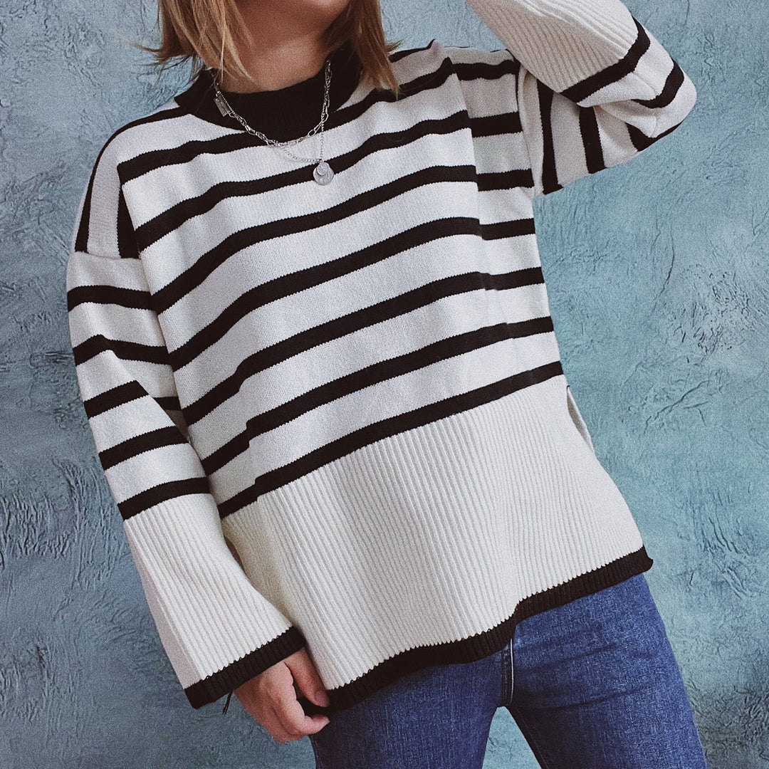 Damen lässiger Strickpullover mit modernem Streifenmuster und feiner Rippstruktur Heidi-Mode
