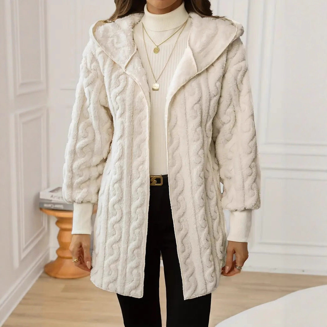 Damen Kuschelige Strickjacke mit Kapuze und Wellenmuster Heidi-Mode