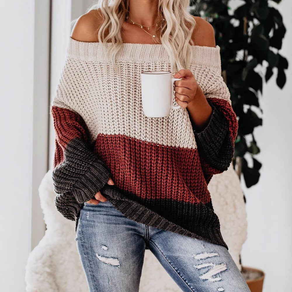 Damen lässiger Strickpullover mit weitem Ausschnitt und Farbblockdesign Heidi-Mode