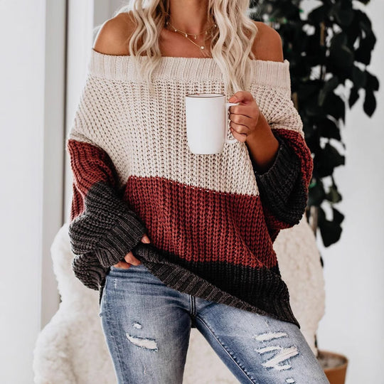 Damen lässiger Strickpullover mit weitem Ausschnitt und Farbblockdesign Heidi-Mode