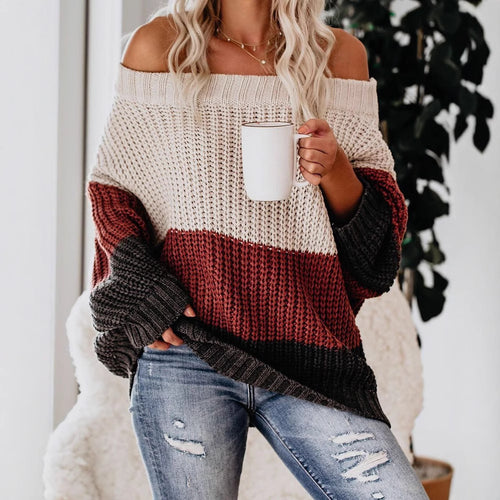 Damen lässiger Strickpullover mit weitem Ausschnitt und Farbblockdesign Heidi-Mode