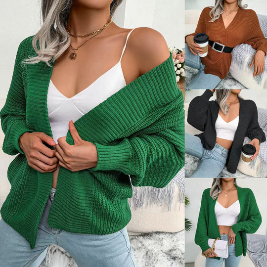 Damen Grobstrick Cardigan mit weit geschnittenen Ärmeln und offenem V-Ausschnitt Heidi-Mode
