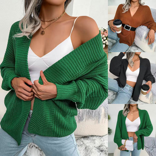 Damen Grobstrick Cardigan mit weit geschnittenen Ärmeln und offenem V-Ausschnitt Heidi-Mode