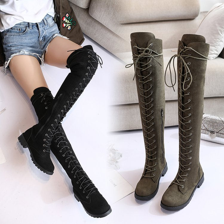 Damen Überknee-Stiefel mit modischem Schnür-Design und robustem Profil Heidi-Mode