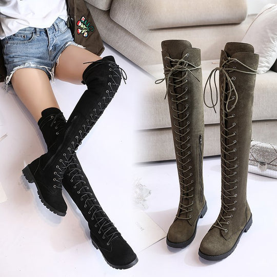 Damen Überknee-Stiefel mit modischem Schnür-Design und robustem Profil Heidi-Mode