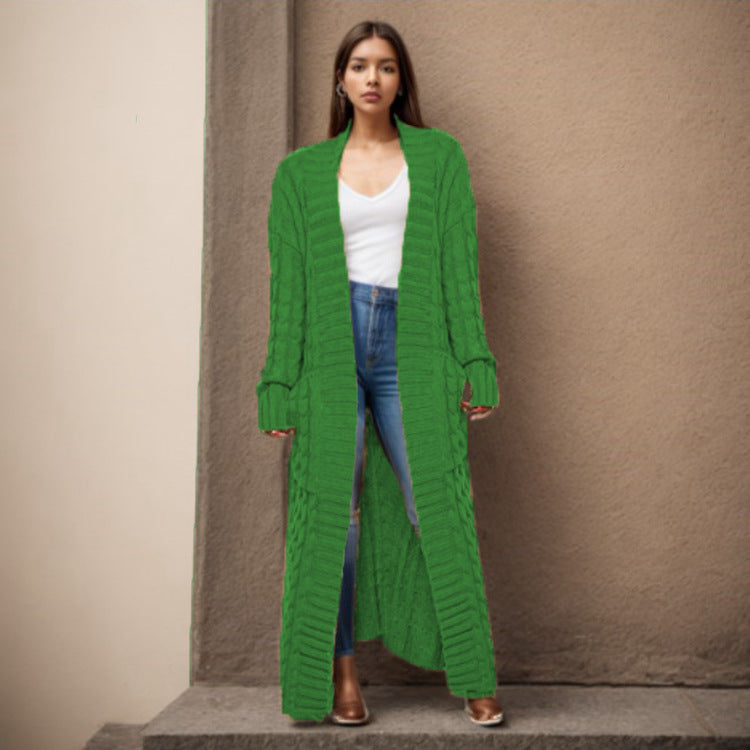 Damen Langer Strickcardigan mit raffiniertem Zopfdesign und praktischen Taschen Heidi-Mode