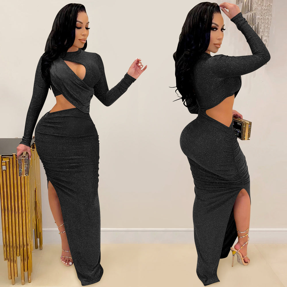 Damen Elegantes Cut-Out Maxikleid mit langem Arm und raffiniertem Schlitz Heidi-Mode