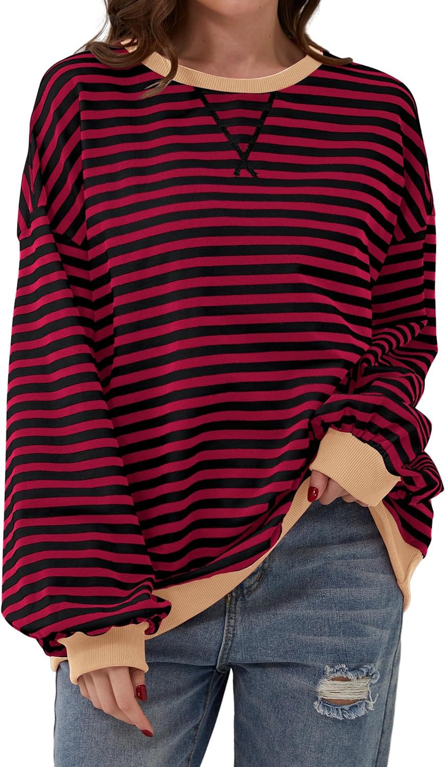 Damen lässiger Oversized Sweatshirt mit bunten Streifen und Kapuzenkordel Heidi-Mode