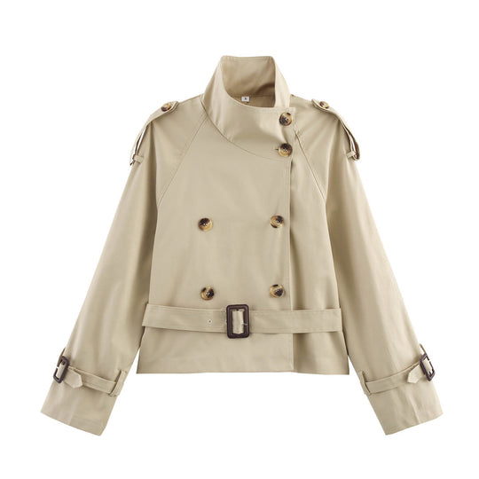 Damen modischer Trenchcoat mit hoch geschlossenem Kragen und praktischen Schulterriegeln Heidi-Mode