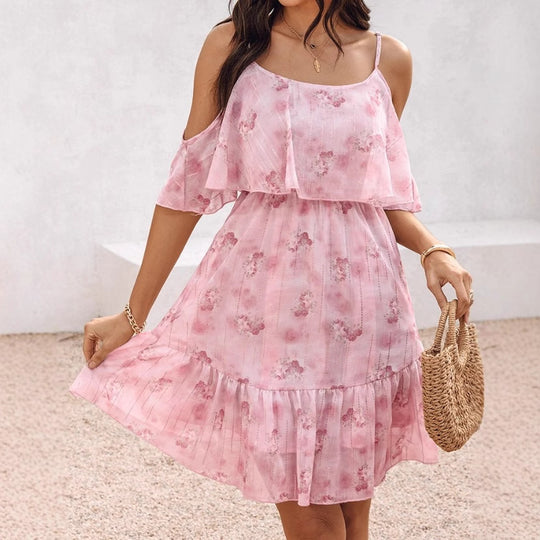 Damen Spazierkleid mit schulterfreier Optik und Rüschendetails Heidi-Mode