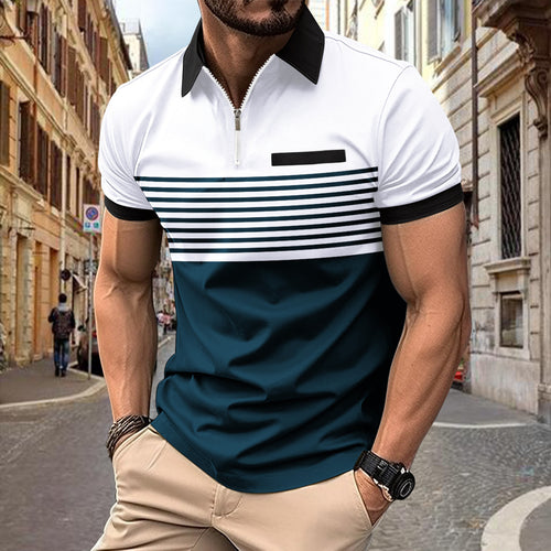 Herren Poloshirt mit modischem Reißverschluss und sportlichem Streifenmuster Heidi-Mode