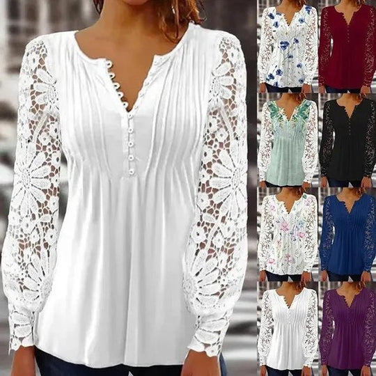 Damen Spitzenbluse mit eleganten Knopfdetails und voluminösen Ärmeln Heidi-Mode