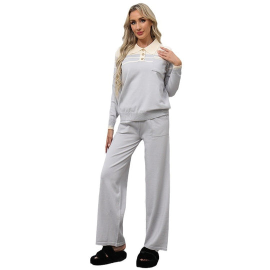 Damen lässiges Strick-Loungewear-Set mit Polokragen und dekorativen Knöpfen Heidi-Mode