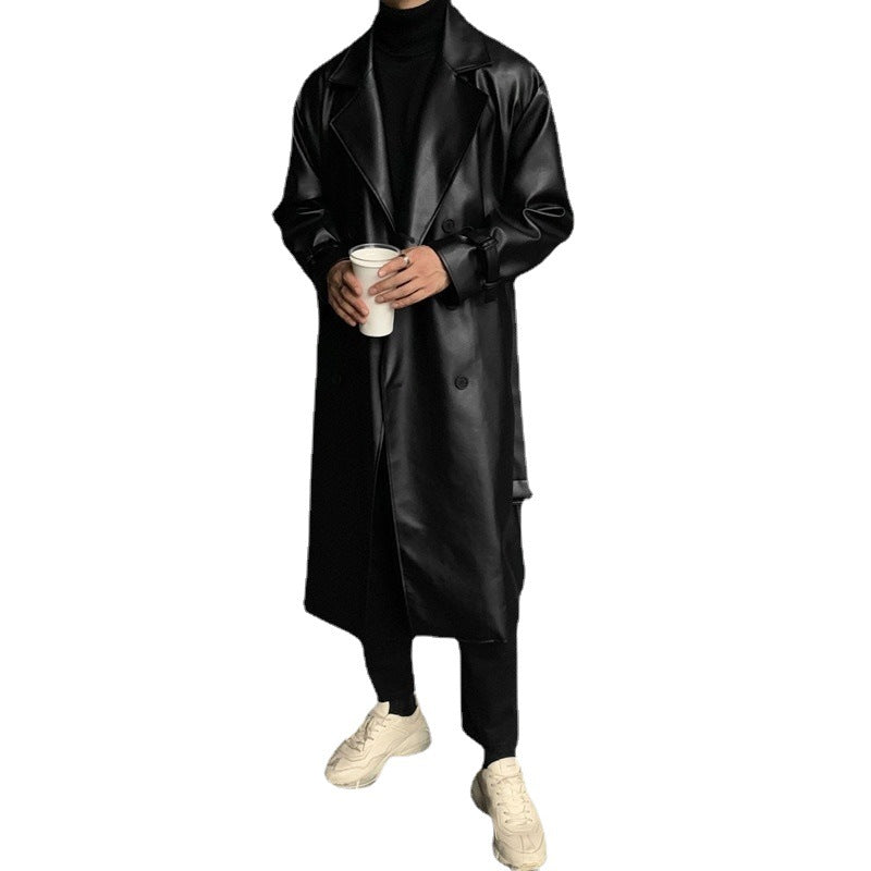 Herren modischer Longtrenchcoat aus hochwertigem Kunstleder mit elegantem Schnitt Heidi-Mode