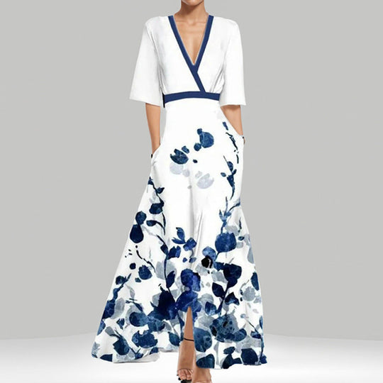 Heidi-Mode | Elegantes V-Ausschnitt Bedrucktes Taillenkleid mit Schößchen