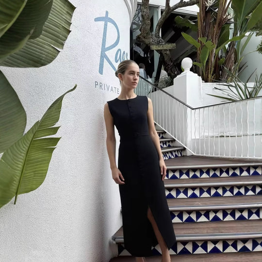 Damen ärmelloses Wickelkleid mit Knopfverschluss und Taillengürtel Heidi-Mode