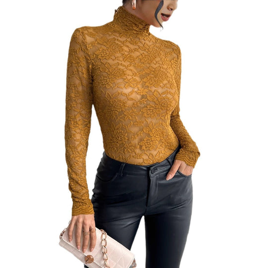 Damen Langarm Spitzenbody mit hohem Kragen Heidi-Mode