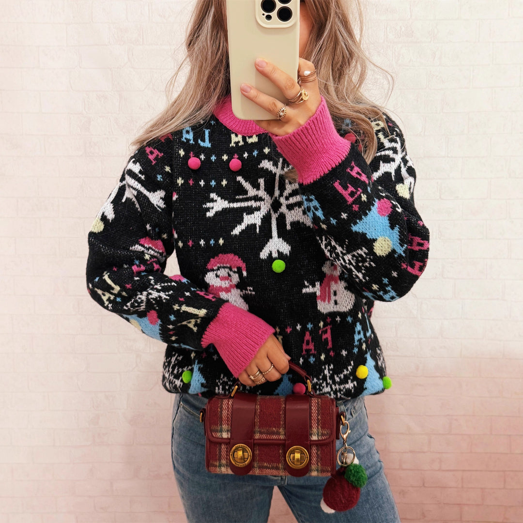 Damen festlicher Pullover mit farbenfrohen Weihnachtsmotiven und verspielten Details Heidi-Mode