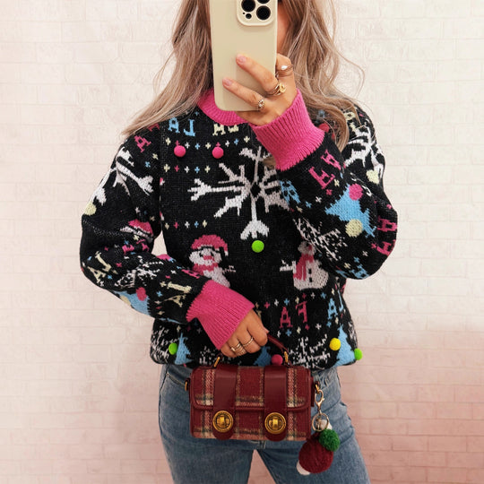 Damen festlicher Pullover mit farbenfrohen Weihnachtsmotiven und verspielten Details Heidi-Mode
