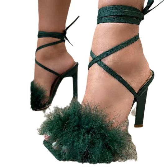 Damen High Heel Sandalen mit luxuriösem Federbesatz Heidi-Mode