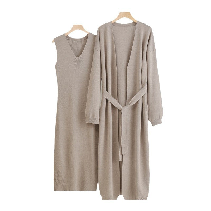 Damen 2-teiliges Kleid und Cardigan-Set mit V-Ausschnitt Heidi-Mode