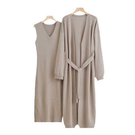 Damen 2-teiliges Kleid und Cardigan-Set mit V-Ausschnitt Heidi-Mode