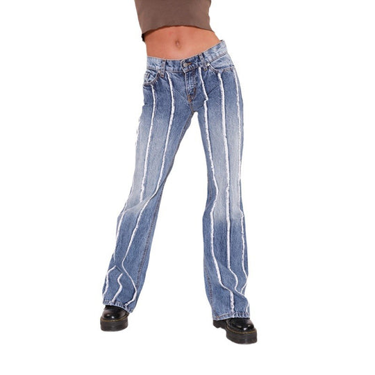 Damen Weit geschnittene Jeans mit gestreiftem Design und fransigem Saum Heidi-Mode