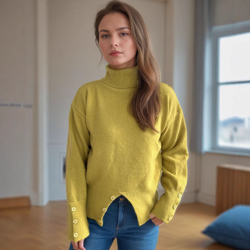 Damen modischer Rollkragenpullover mit Knopfdetails und asymmetrischem Saum Heidi-Mode