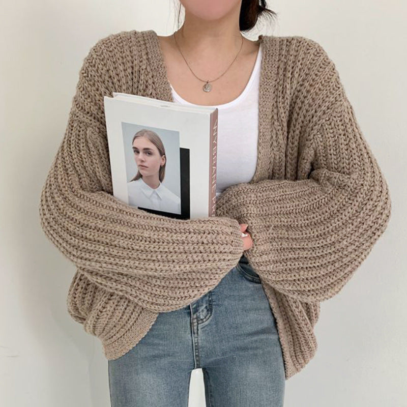 Damen Grobstrick Cardigan mit lässigem Schnitt und voluminösen Ärmeln Heidi-Mode