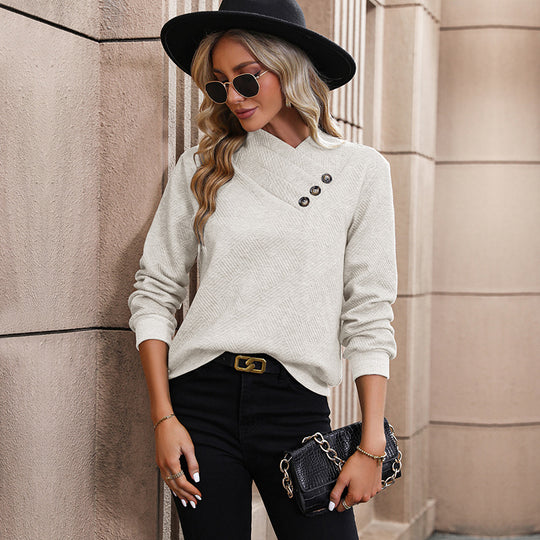 Damen Strickpullover mit innovativem Wickeldesign und dekorativen Knopfdetails Heidi-Mode