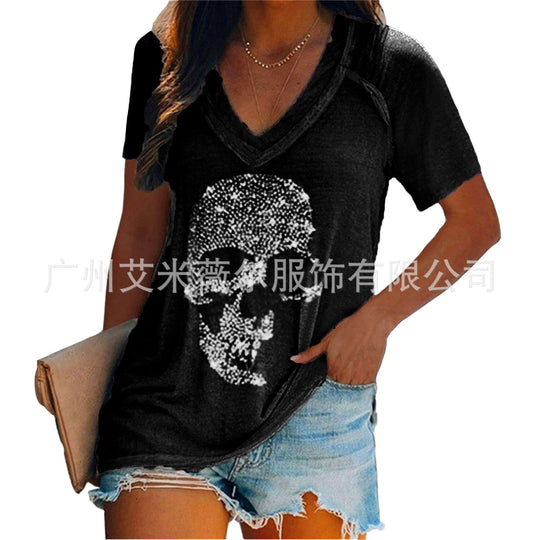 Heidi-Mode | Lässiger Kurzarm-Pullover Tiefe V-Ausschnitt T-Shirt