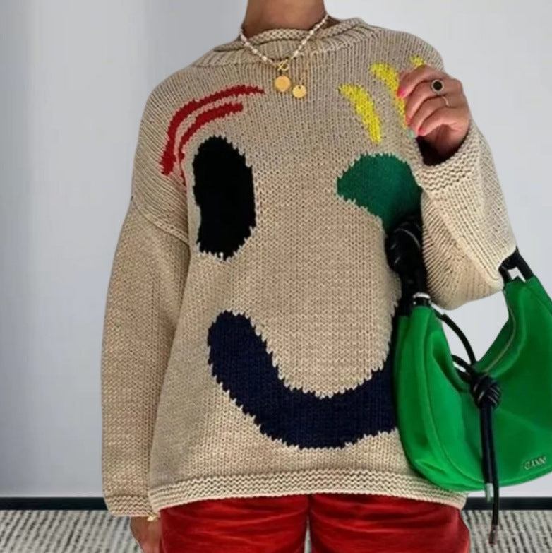 Damen gestrickter Pullover mit fröhlichem Smiley-Motiv und lässigem Schnitt Heidi-Mode
