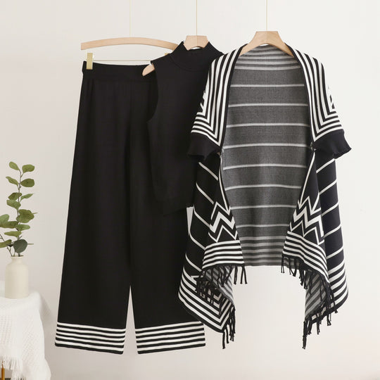 Damen elegantes Strick-Kombinationsset mit hochgeschlossenem Oberteil und weiten Hosen Heidi-Mode