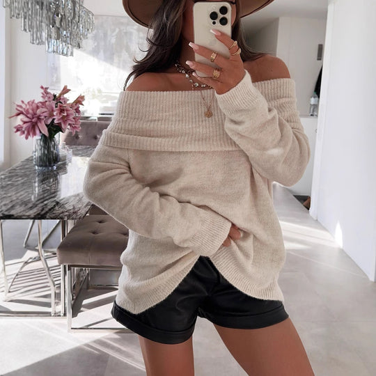 Damen lässiger Off-Shoulder Pullover mit Rippenstruktur Heidi-Mode
