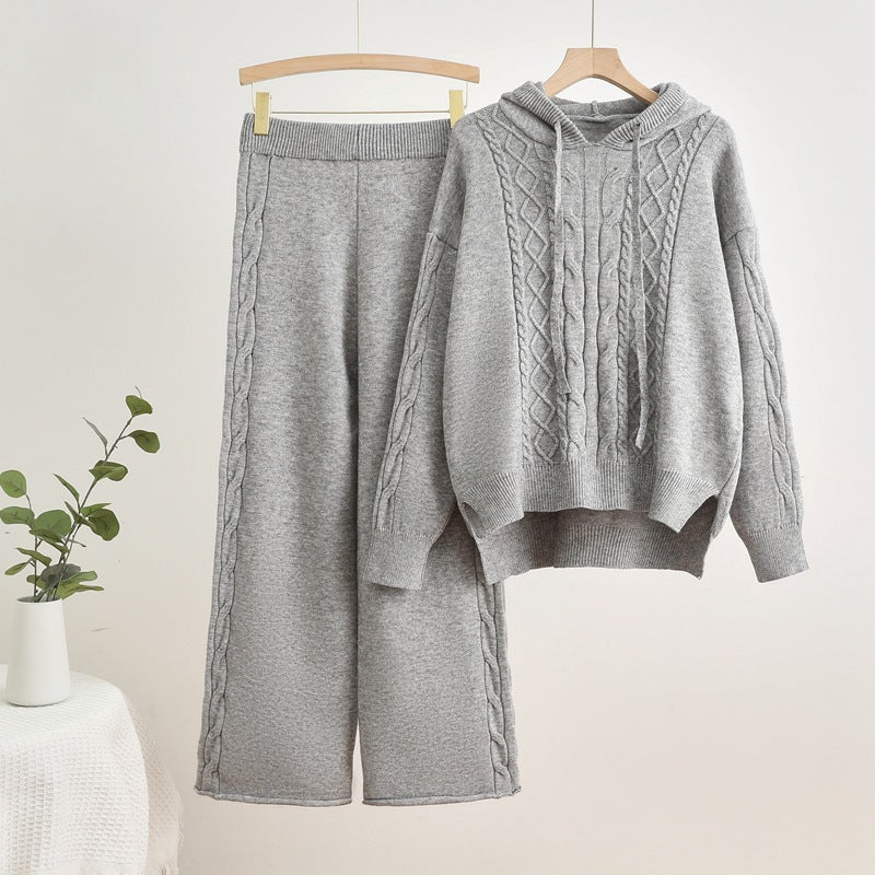 Damen lässiges Strick-Loungewear-Set mit Kapuze und breiten Beinen Heidi-Mode