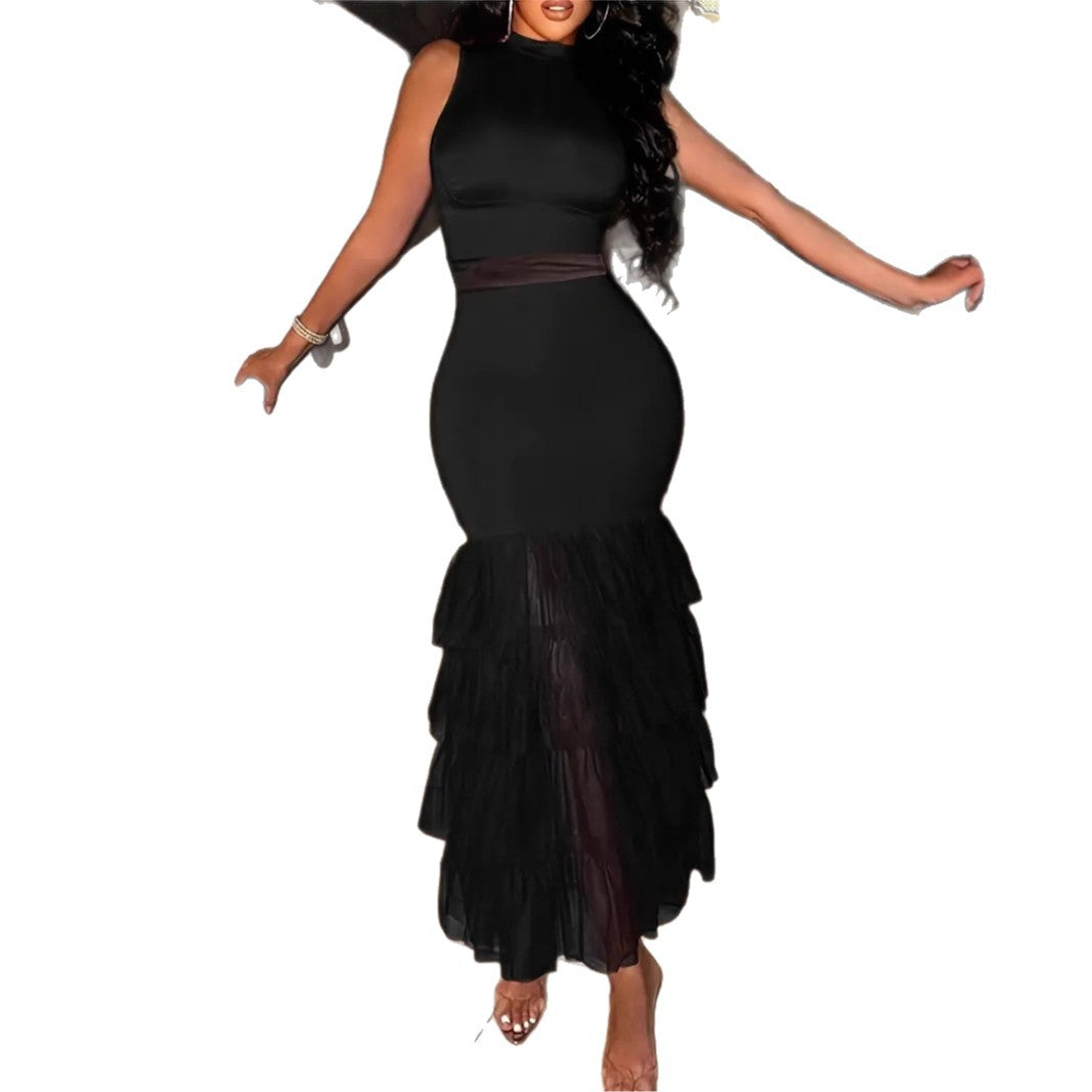 Damen Maxikleid mit transparentem Tüllrock und figurbetontem Oberteil Heidi-Mode