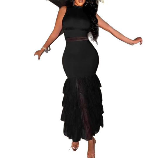 Damen Maxikleid mit transparentem Tüllrock und figurbetontem Oberteil Heidi-Mode