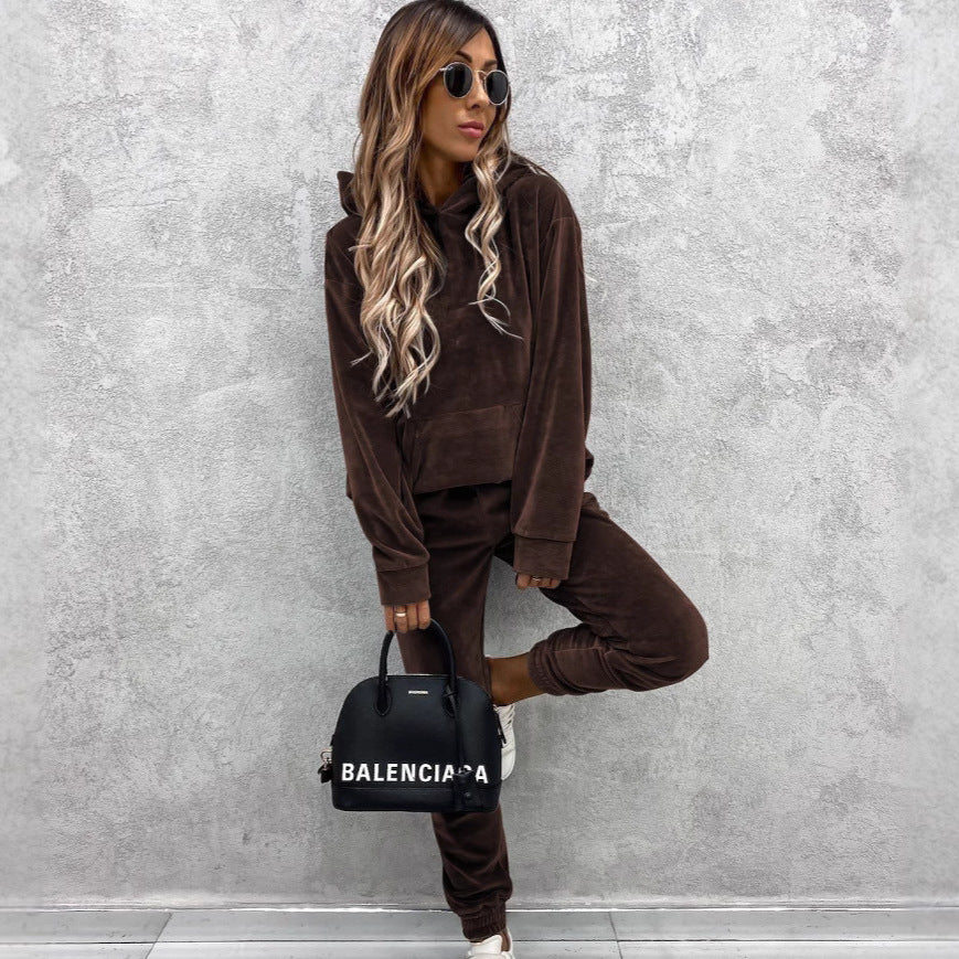 Damen modischer Fleece-Hoodie mit elastischem Saum und Kängurutasche Heidi-Mode