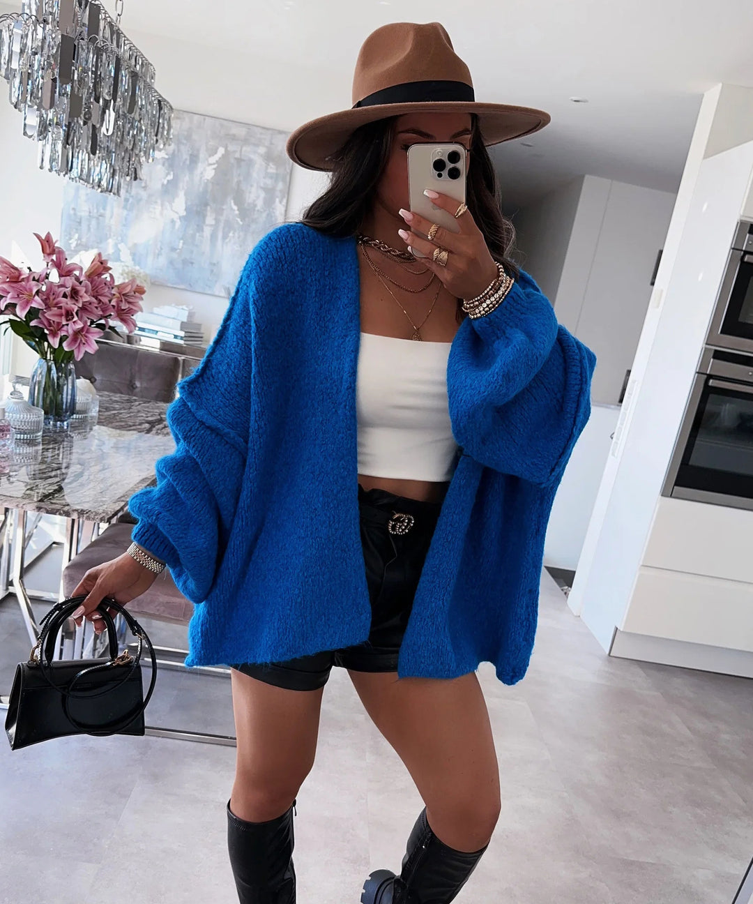 Damen oversized Strickjacke mit lässigen Ballonärmeln und strukturiertem Material Heidi-Mode