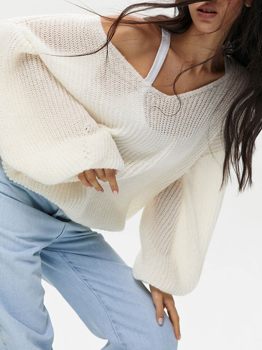 Damen lässiger Strickpullover mit weiten Ärmeln und tiefem V-Ausschnitt Heidi-Mode