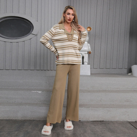 Damen elegantes Strick-Loungewear-Set mit einem modischen Kragen und weit geschnittenen Hosen Heidi-Mode